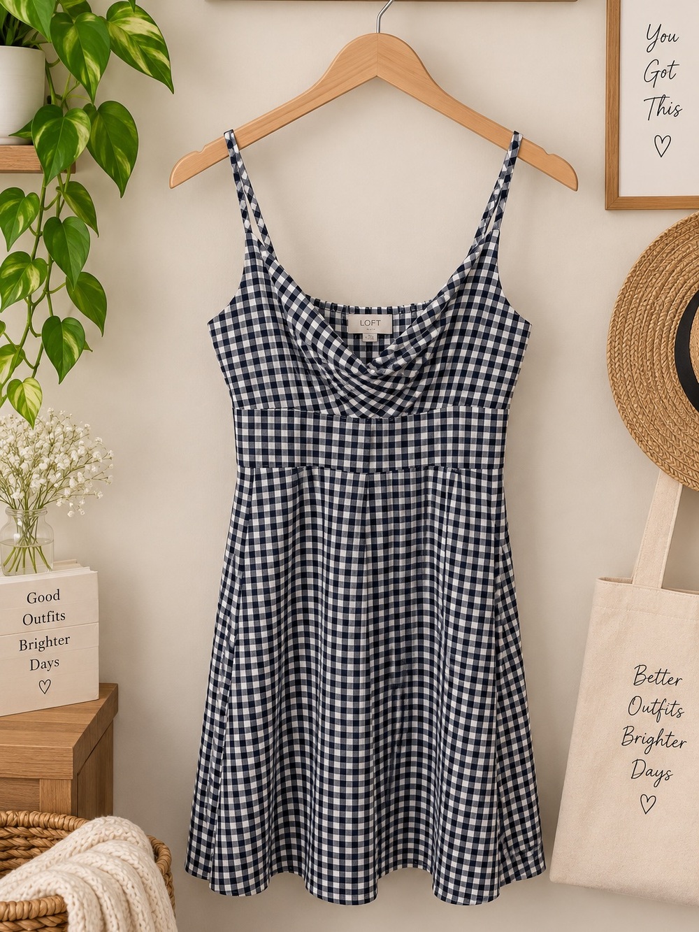 LOFT Gingham Dress Size 6 Black White Spaghetti Strap Smocked Back Sundress